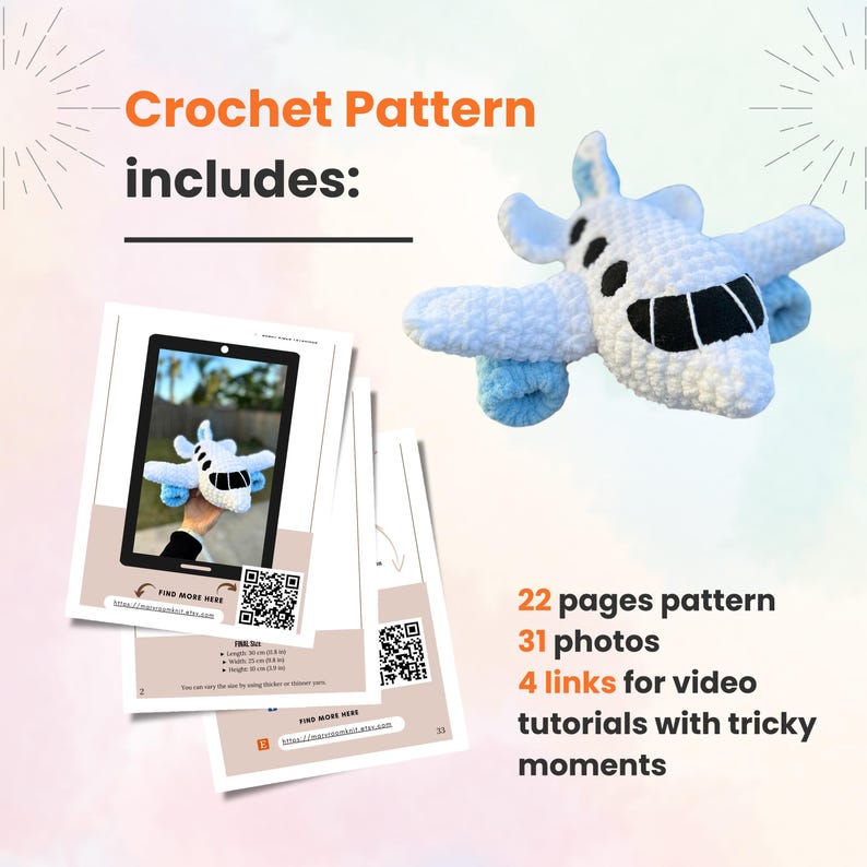 Crochet Airplane Pattern, Plushie Plane PDF, Cute Amigurumi Tutorial for Beginner, DIY Big Stuffed Baby Toy, Handmade Gift, Digital Download