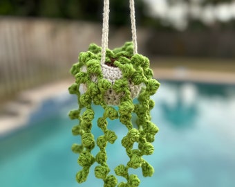 Hanging crochet potted plant, plush faux greenery and boho office decor