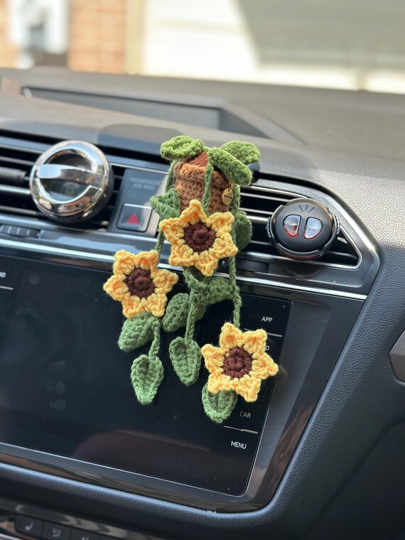 カーオーディオ flower Crochet Sunflower Plant Car Vent Clip With Lavender Scent Handmade