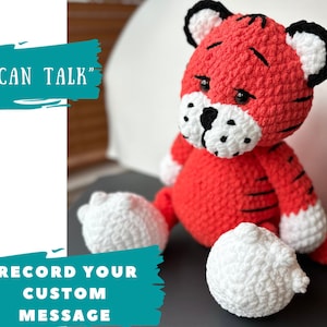 Recordable Stuffed Animal Crochet Plush Tiger Custom Gifts for Her Amigurumi Voice Stuff Animals Funny Gifts Kids Toys Voice Box