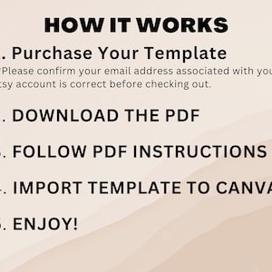 May include: A beige background with a white text overlay explaining how to use a template. The text reads: "HOW IT WORKS 1. Purchase Your Template *Please confirm your email address associated with your Etsy account is correct before checking out. 2. DOWNLOAD THE PDF 3. FOLLOW PDF INSTRUCTIONS 4. IMPORT TEMPLATE TO CANVA 5. ENJOY!"