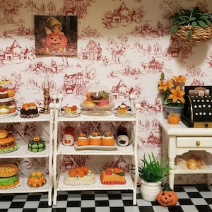 Halloween Time!  Miniature Bakery Diorama - 1:12 Scale Dollhouse Roombox - Handmade Bake Shop - Completed Interior Shadowbox