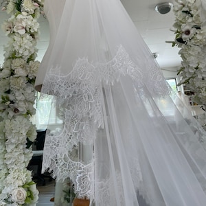 Two Tier Veil Blusher Lace Veil Double Layer Veil Lace 2 Tier Veil Lace Cathedral Length Wedding Veil Cascading Lace Edge Veil Long Ivory