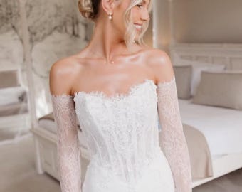 Lace Bridal Sleeves Scallop Lace Edge Gloves Detachable Wedding Dress Sleeves Fingerless Bridal Gloves Ivory Chantilly Lace Sleeves Wedding