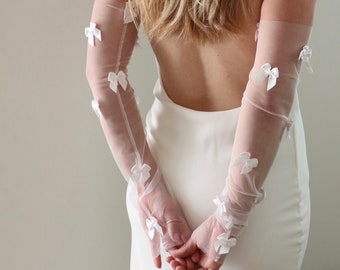 Bow Bridal Gloves 3d Bow After Party Gloves Reception Fingerless Modern Glove Bachelorette Bridal Sleeve Custom Wedding Glove Long Tulle