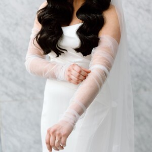 Extra Long Tulle Sleeves Fingerless Wedding Glove Bridal Tulle Gloves Ruched Sleeves Gathered Tulle Bridal Sleeve Sheer Wedding Ivory Gloves