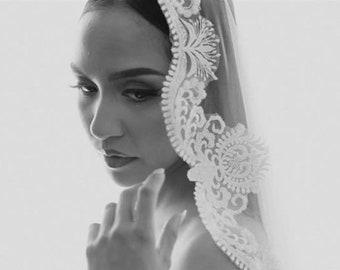 Beaded Mantilla Veil Beaded Lace Veil Mantilla Bridal Veil Lace Edge Veil Mantilla Wedding Veil Lace Mantilla Boho Lace Veil Personalized