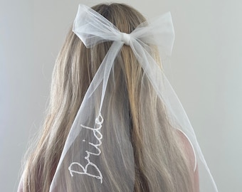 Bachelorette Party Veil Bow Bridal Shower Wedding Hair Bow Tulle Bow Bride Bachelorette Hair Accessory Wedding Bridesmaid Hair Ribbon Custom