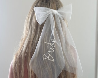 Wedding Hair Bow Ivory Tulle Bow Bride Wedding Bridal Bow After Party Veil Bow Bachelorette Veil Custom Word Personalised Veil Mrs Bow Bride