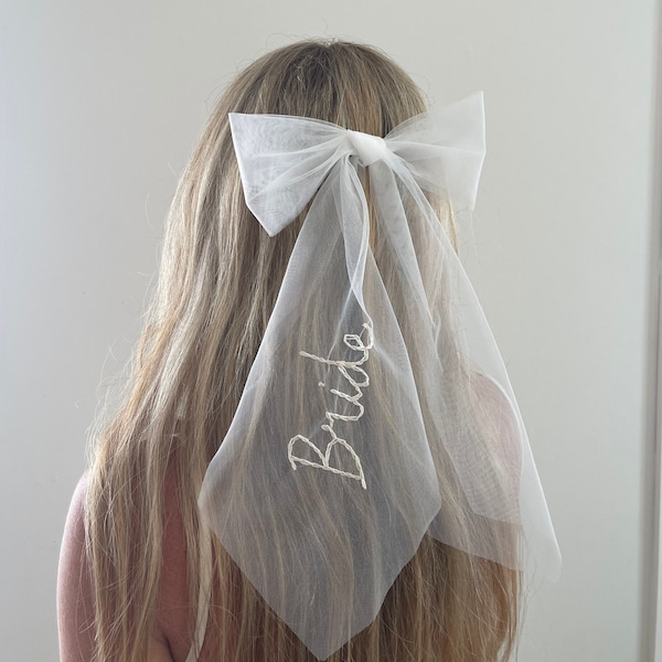 Wedding Hair Bow Ivory Tulle Bow Bride Wedding Bridal Bow After Party Veil Bow Bachelorette Veil Custom Word Personalised Veil Mrs Bow Bride