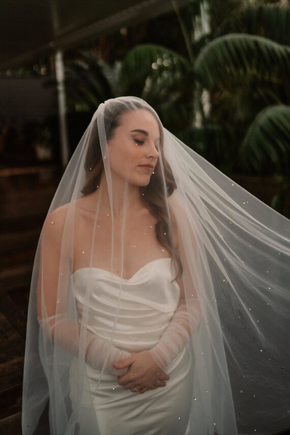 Crystal/rhinestone Wedding Veil With Blusher, Chapel & Cathedral Bridal  Drop Veil 