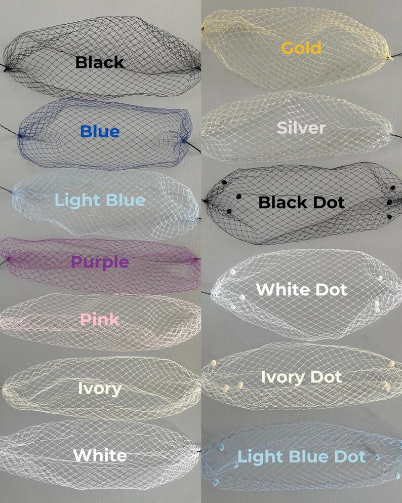 May include: A collection of eleven netted veils in various colors, including black, gold, silver, blue, light blue, purple, pink, ivory, and white. Some veils have dot embellishments. Each veil is labeled with its color.