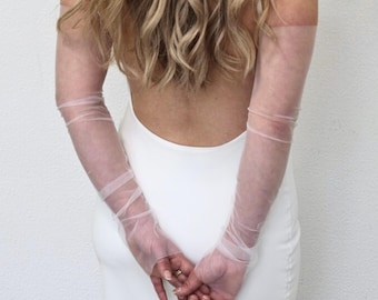 Tulle Fingerless Sleeves Bridal Gloves Stretch Ivory Tulle Sleeves For Wedding Dress Gloves Bride Tulle Sleeve Long Wedding Glove Detachable
