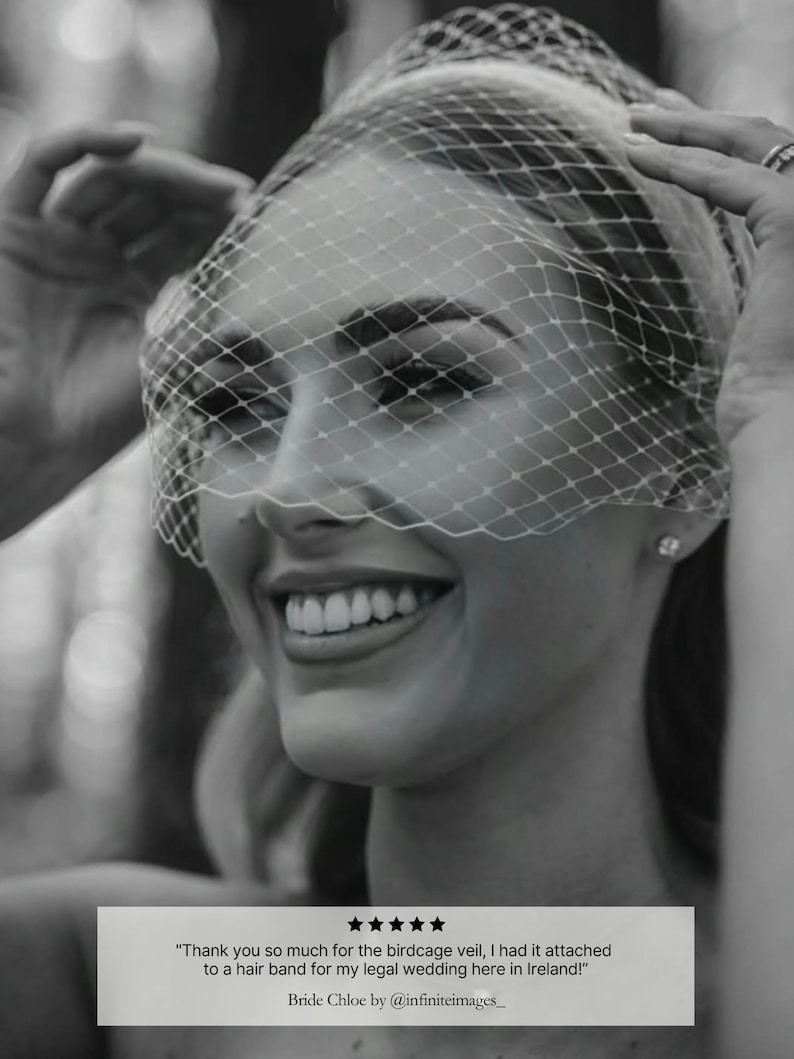 May include: A black and white image of a bride wearing a birdcage veil. The veil is made of a delicate, diamond-patterned netting. The bride is smiling, and the veil is attached to a hair band. The image includes text.