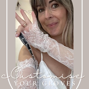 Könnte beinhalten: Eine Frau misst ein Paar weiße Spitzenhandschuhe mit einem Lineal. Die Handschuhe sind lang und haben ein zartes Blumenmuster. Der Text "Customise Your Gloves" ist unten im Bild zu sehen.