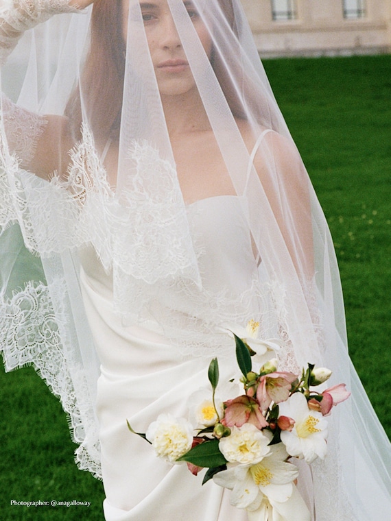 Lace Blusher Veil Cathedral Length Wedding Veil Cascading  display picture 1