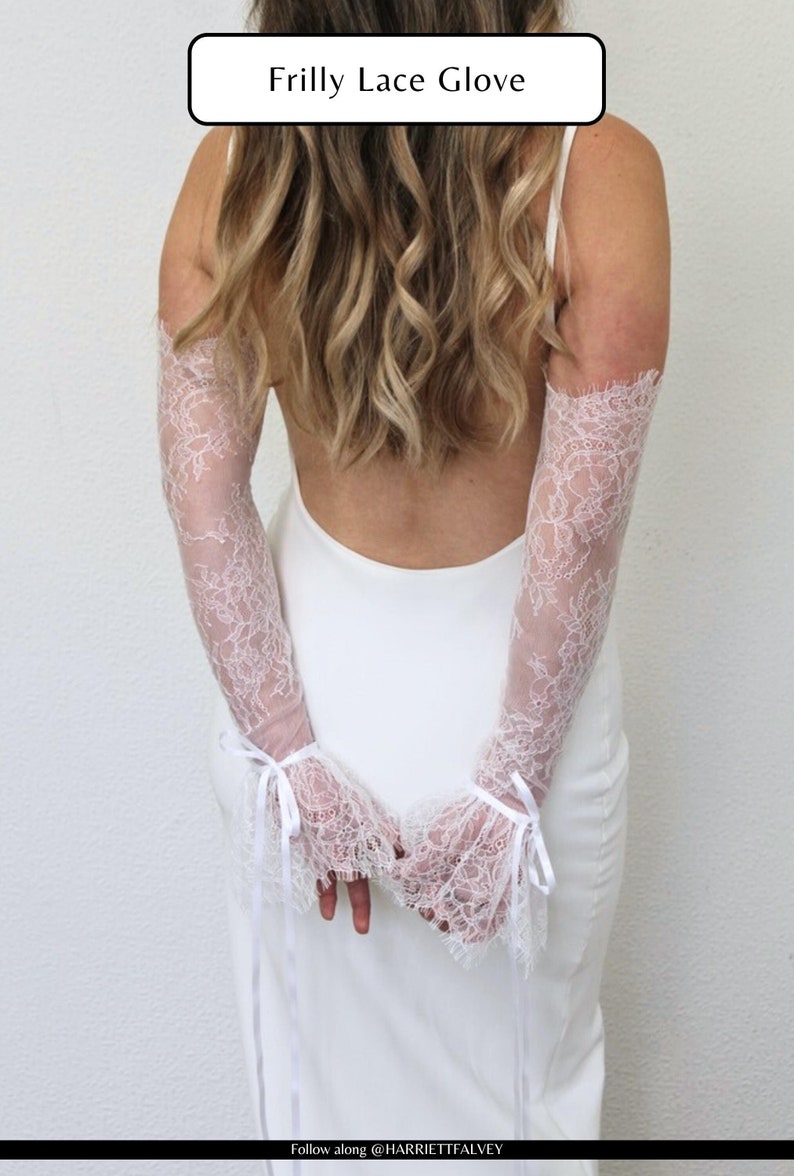 Frilly Lace Bridal Gloves Chantilly Lace Wedding Sleeve Ribbon Tie Lace Sleeve Wedding Dress Lace Glove Fingerless Bridal Sleeves Detachable