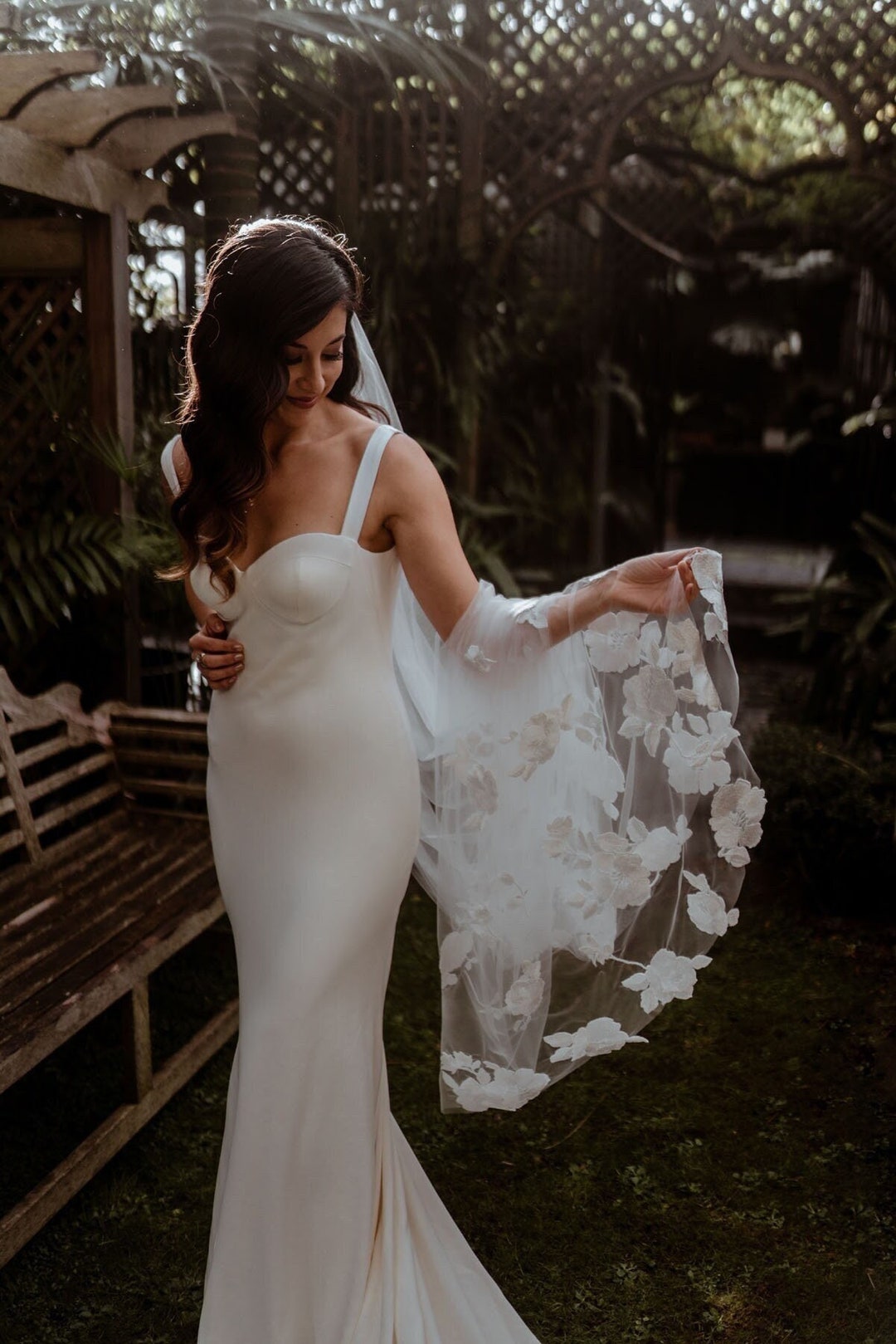 View of Embroidered Lace Wedding Veil Floral Lace Bridal Veil Hand Stitched ...