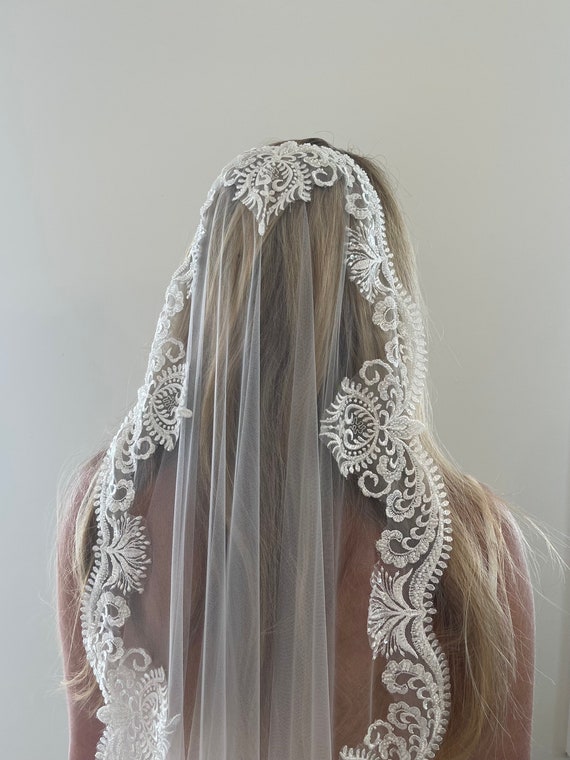 Ornate Lace Adorned Tulle Cathedral Length Single Tier Wedding Veil