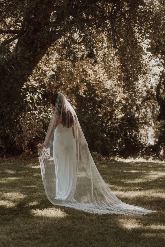 Pearl Embellished Wedding Veil Cathedral Length Scattered  display picture 1