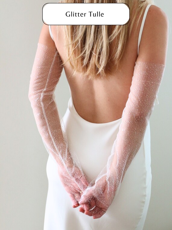 Glitter Tulle Sleeves Fingerless Sparkle Gloves Glittery Bridal Sleeve Detachable Sleeves for Wedding Dress Glove Ivory Tulle Glitter Sleeve