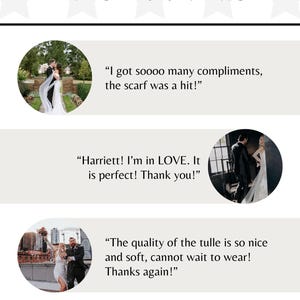 May include: Image showcasing customer reviews for a wedding accessory. The text reads "FIVE STAR REVIEWS" with three customer testimonials. Each review includes a photo of a couple and a quote about the product's quality and appeal.