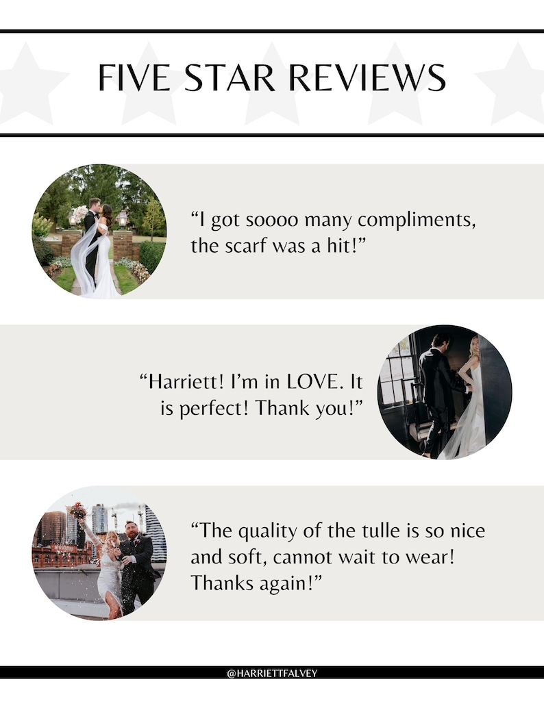 May include: Image showcasing customer reviews for a wedding accessory. The text reads "FIVE STAR REVIEWS" with three customer testimonials. Each review includes a photo of a couple and a quote about the product's quality and appeal.