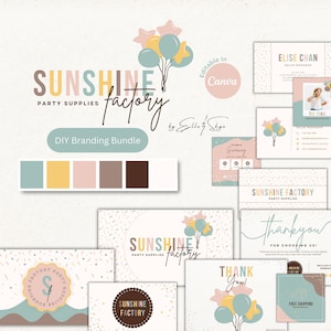 Pacchetto branding Sunshine Factory Modelli di logo pastello Canva fai da te, biglietti da visita modificabili, biglietti di ringraziamento, risorse per social media con marchio