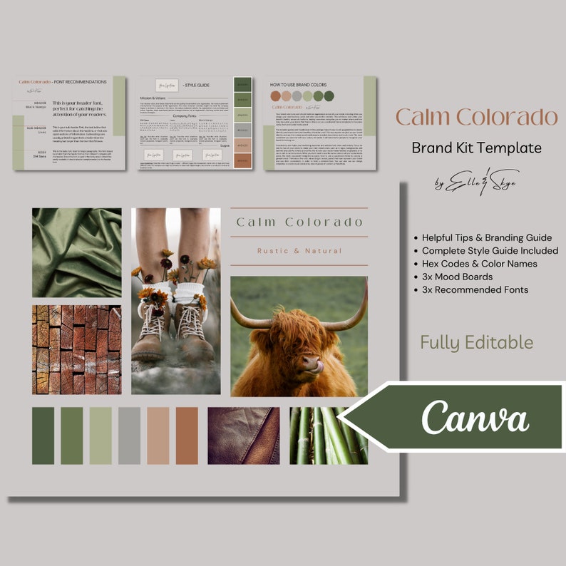 Puede incluir: Plantilla de kit de marca Calm Colorado por Elley Shy. Una plantilla digital para la creaci&oacute;n de marca con un tema r&uacute;stico y natural. La plantilla incluye una paleta de colores, tableros de estado de &aacute;nimo y fuentes recomendadas. La plantilla es totalmente editable y se puede utilizar en Canva.