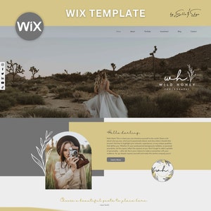 May include: A website template for photographers, featuring a desert landscape with a woman in a white dress, a logo for Wild Honey Photography, and text that says "Hello darling." and "Choose a beautiful quote to place here."