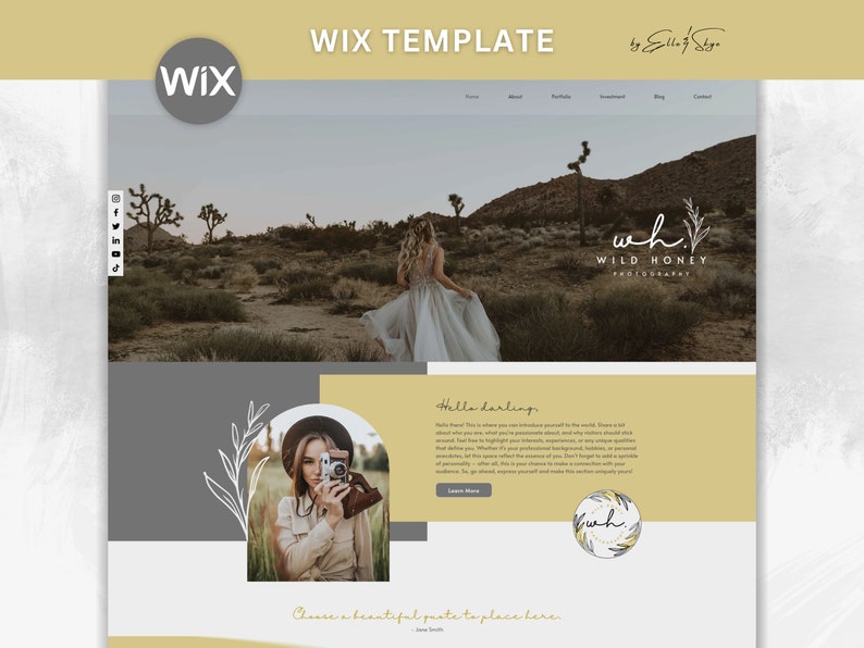 May include: A website template for photographers, featuring a desert landscape with a woman in a white dress, a logo for Wild Honey Photography, and text that says "Hello darling." and "Choose a beautiful quote to place here."