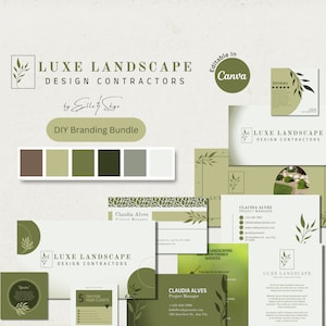 May include: A branding bundle for a landscaping company called Luxe Landscape. The bundle includes a logo, color palette, business cards, and a quote template. The color palette is green, brown, and white. The logo features a stylized leaf design.
