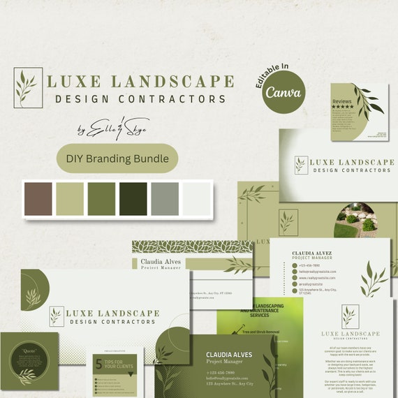 Branding Bundle Luxe Landscape DIY Canva Lawn Care Logo Templates, Editable Business Cards, Promotional Postcard, Social Media Resources