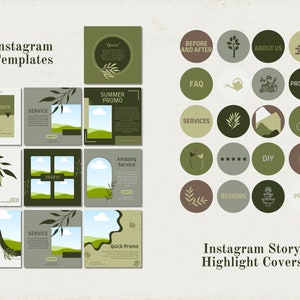 May include: Green and brown Instagram story highlight covers with icons and text. The icons include a watering can, a tree, a shovel, a house, a star rating, a window, a cloud, and a leaf. The text includes "Before and After", "About Us", "Products", "FAQ", "Services", "Reviews", "DIY", "Pricing", "Show Progress", "Service", "Summer Promo", "Amazing Service", "Quick Promo", and "Instagram Story Highlight Covers".