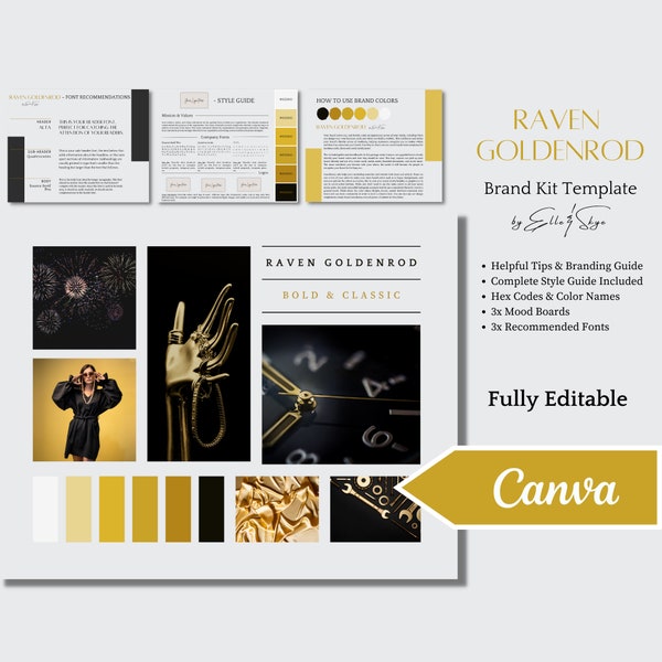 Raven Goldenrod Brand Palette, Editable Canva Colour Palette with Hex Codes, Small Business Branding Kit, Easy Style Guide Canva Template