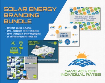 May include: A bundle of solar energy branding resources for Canva, including 10 DIY logos, 50 Instagram post templates, 150 Instagram story highlights, and a trifold brochure template. The bundle also includes 150 solar energy business Instagram highlight covers. Save 40% off individual rates.