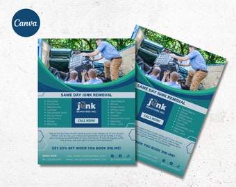 May include: A blue and green flyer with the text "Junk Removers Inc." and the words "Same Day Junk Removal". The flyer lists a variety of items that the company removes, including couches, furniture, appliances, lumber, household junk, scrap metal, electronics, sheds, roofing, yard debris, wood, sheet rock, office junk, hot tubs, carpet, household junk, decking, and misc. junk. The flyer also includes a phone number and website address.