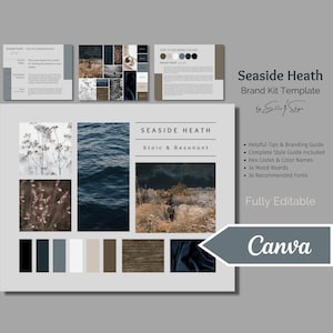 May include: A brand kit template for Seaside Heath, a brand with a stoic and resonant aesthetic. The template includes a color palette, mood boards, and font recommendations. The template is fully editable and can be used in Canva.