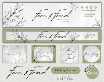 May include: A digital design kit for an Etsy shop featuring the text "Fern & Frond" in a handwritten font. The kit includes a logo, social media graphics, and product tags. The design is in a minimalist style with a green and white color scheme.