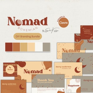 Branding Bundle Nomad Bohemian DIY Canva Retro Boho Logo Templates, Editable Business Cards, Thank You Cards, Branded Social Media Resources