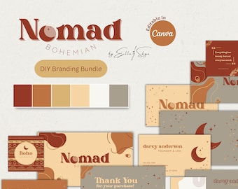 Branding Bundle Nomad Bohemian DIY Canva Retro Boho Logo Templates, Editable Business Cards, Thank You Cards, Branded Social Media Resources