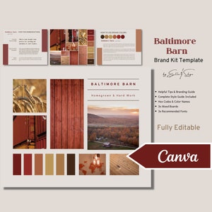 Op de afbeelding: Een merkpakket sjabloon voor Baltimore Barn, een bedrijf met de slogan "Homegrown & Hard Work". De sjabloon bevat een kleurenpalet, moodboards en lettertype-aanbevelingen. De merk kleuren zijn rood, bruin en beige. De sjabloon is volledig bewerkbaar en kan worden gebruikt in Canva.
