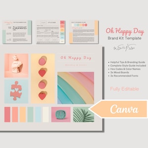 May include: A brand kit template for a business called "Oh Happy Day" with a whimsical and colourful theme. The template includes a style guide, mood boards, and recommended fonts. The template is fully editable and can be used with Canva.