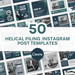Puede incluir: Un collage de 50 plantillas de publicaciones de Instagram para un negocio de pilotes helicoidales. Las plantillas presentan una variedad de imágenes y texto, incluidas fotos de equipos de construcción, texto sobre pilotes helicoidales y un logotipo con la letra "P". Las plantillas están diseñadas para ser utilizadas en Instagram para promocionar los servicios del negocio.
