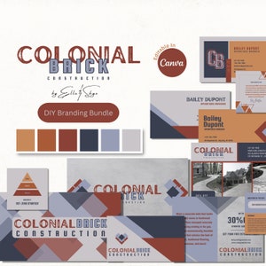 Brandingbundel Koloniale baksteen DIY canvas constructie logo sjablonen, bewerkbare visitekaartjes, promotionele ansichtkaart, socialemediabronnen