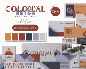 Branding Bundle Colonial Brick DIY Canva Construction Logo Templates, Editable Business Cards, Promotional Postcard, Social Media Resources