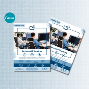 Peut inclure: Une brochure bleue et blanche annonçant des services informatiques pour les entreprises. La brochure présente une photo de deux personnes travaillant sur des ordinateurs. Le texte de la brochure comprend le numéro de téléphone de l'entreprise, son site Web et ses poignées de médias sociaux. La brochure comprend également une réduction de 15 % pour le premier mois de service.