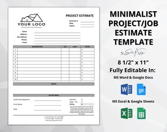 Project Estimate Template | Printable Job Estimate | Editable Word and Excel Construction Bid | Google Sheets Quote | Google Docs Estimate
