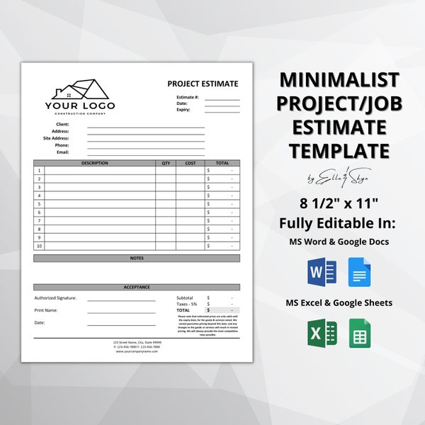 Project Estimate Template | Printable Job Estimate | Editable Word and Excel Construction Bid | Google Sheets Quote | Google Docs Estimate