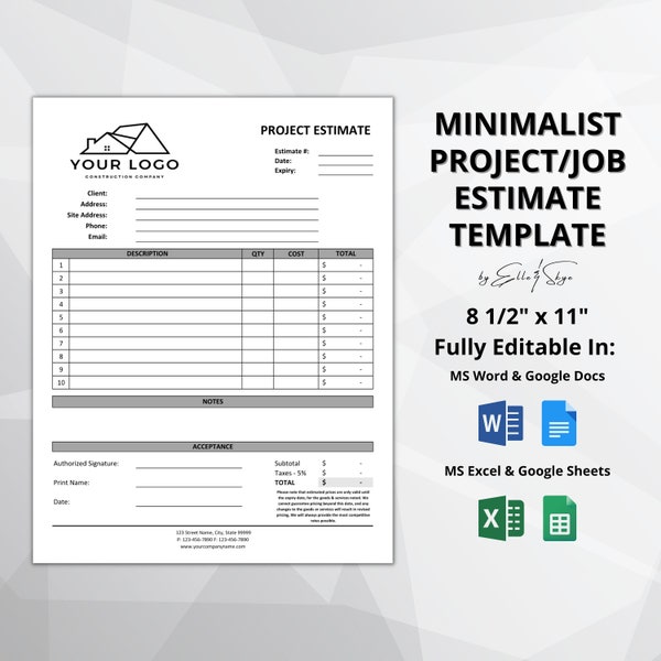 Projektvoranschlag Vorlage | Druckbare Job Schätzung | Bearbeitbares Word- und Excel-Konstruktionsangebot | Google Sheets Zitat | Google Docs Schätzung